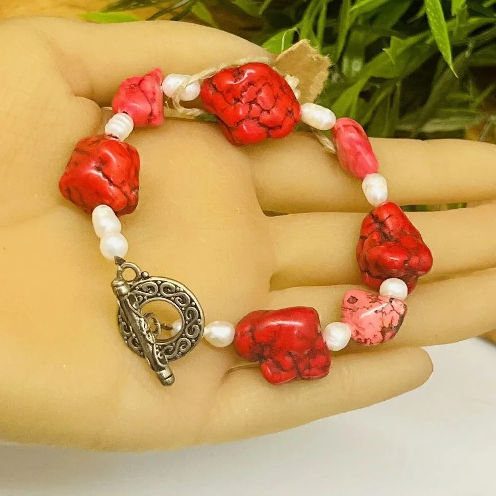 Artisan Bracelet Pearls Pink Red Dyed Howlite Silver Ornate Toggle Clasp 1384
